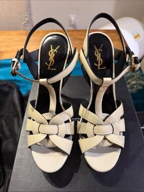 Saint Laurent Cream Patent Leather Knotted T-Strap Sandals